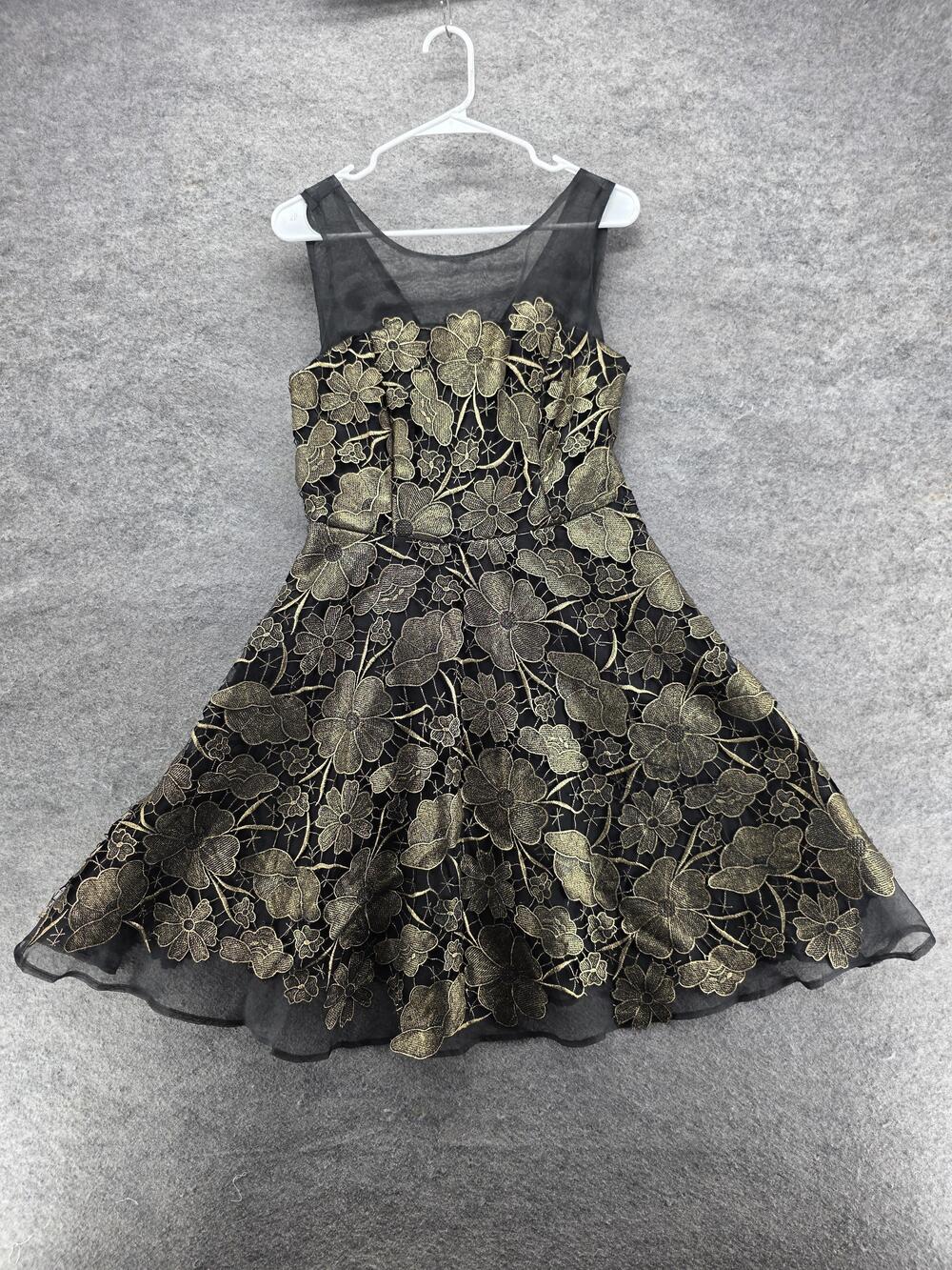 Eva Franco Dress Womens 8 Black Fit & Flare Short Sleeveless Floral Lined